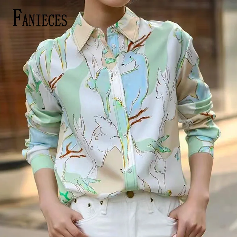 

FANIECES S-3XL bluse Deer Print Casual Women Shirts Autumn Long Sleeve New ZA Blouses Elegant Office Ladies Tops قمصان وبلوزات