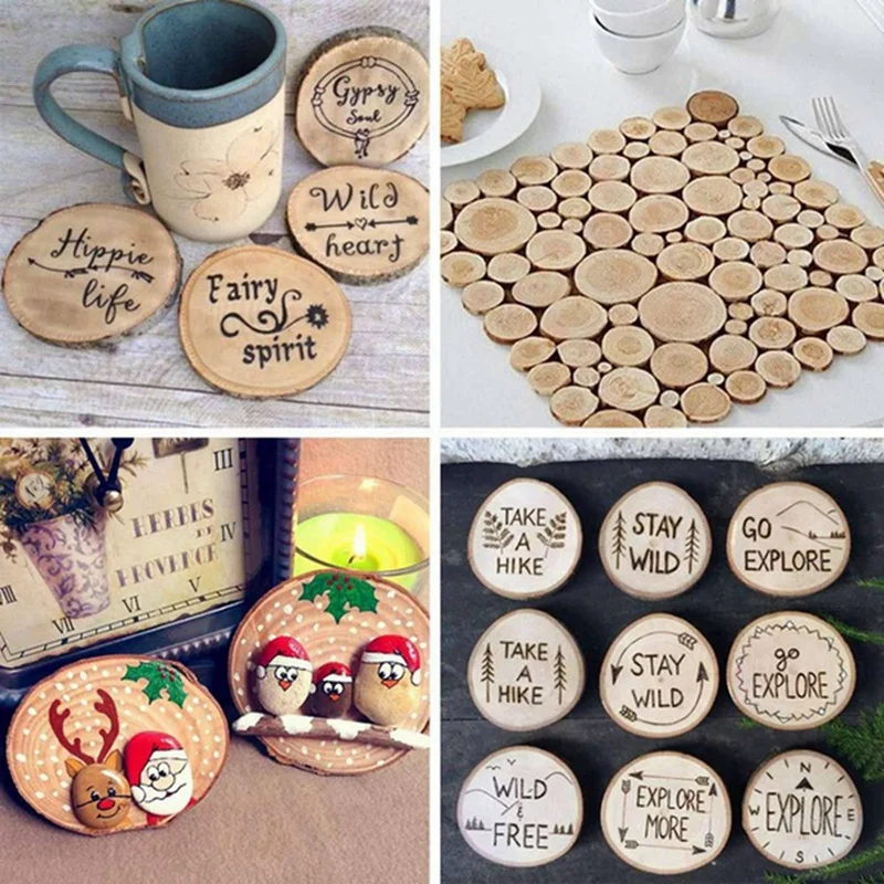 80Pcs 3-4CM Unfinished Natural Round Wood Slices Circles With Tree Bark Log Discs For DIY Crafts Home Party Decoration