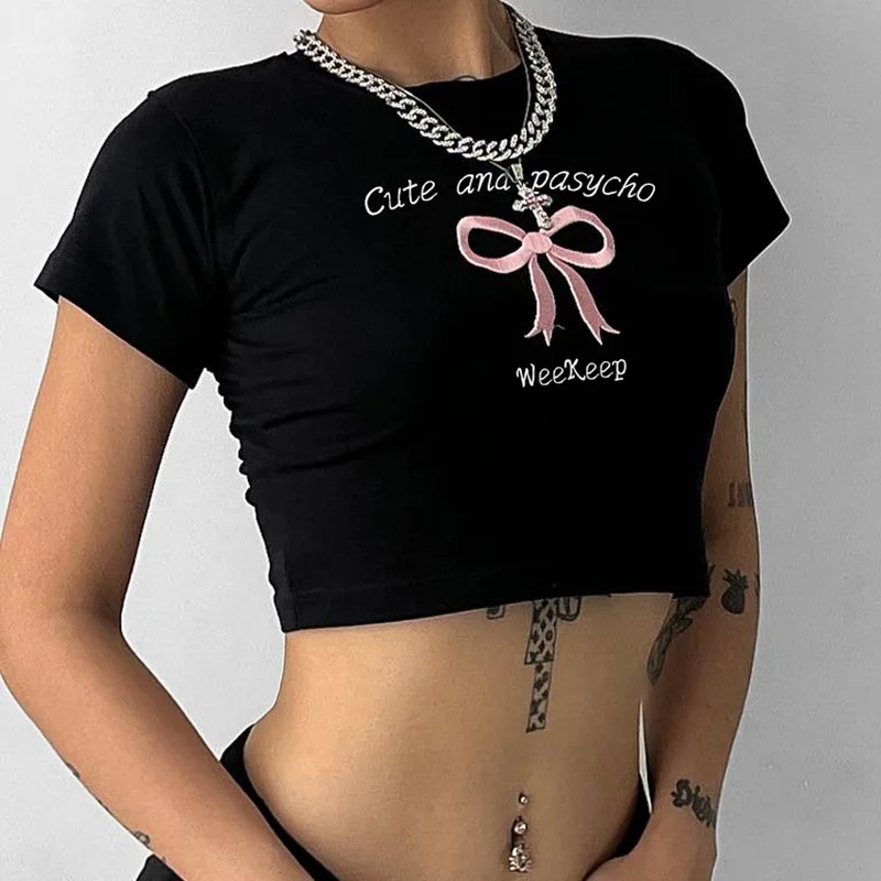 Brief gedruckt schwarze T-Shirts Frauen lässig O-Ausschnitt Kurzarm Crop Tops Sommer y2k Hipster weibliche T-Shirt Streetwear