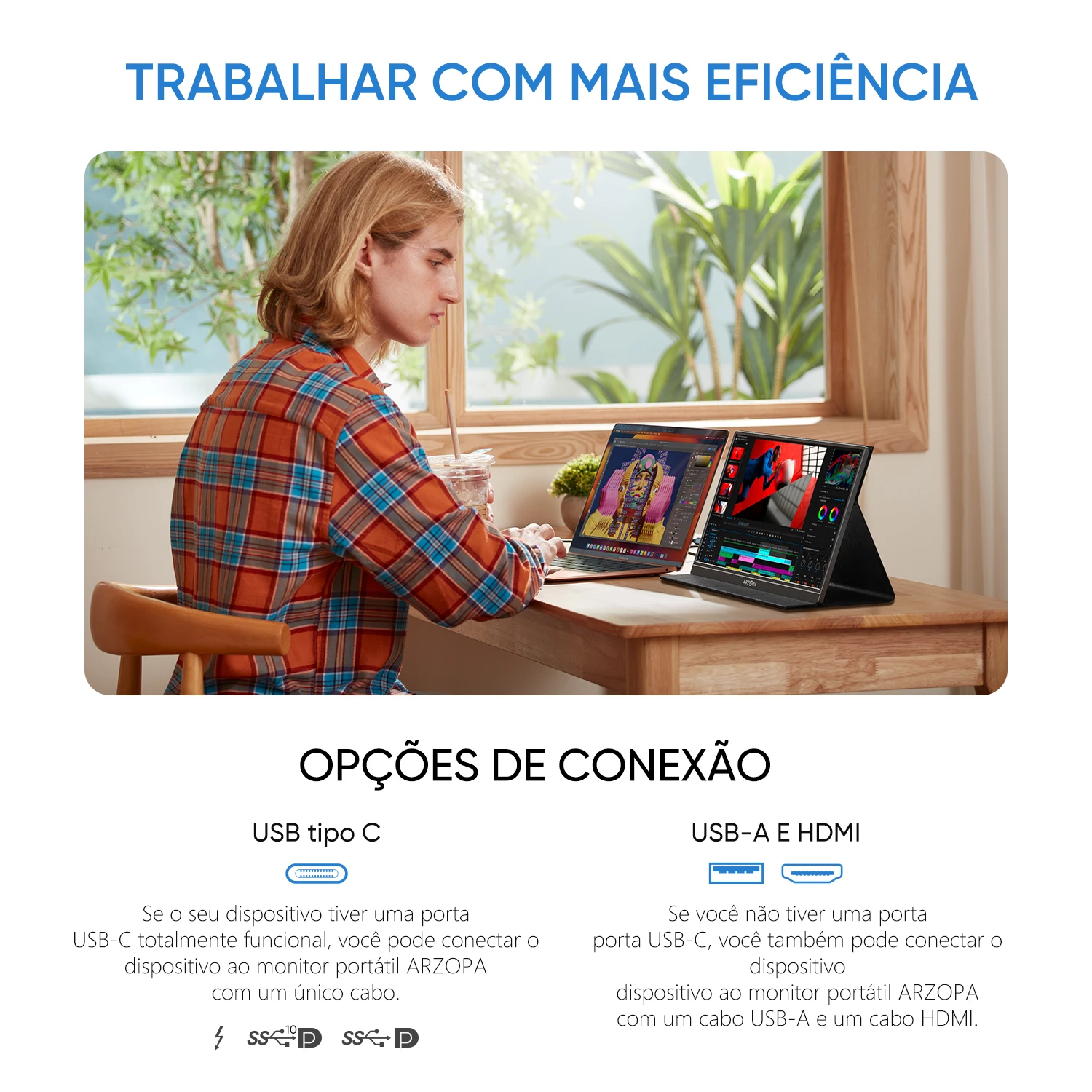 [produto no brasil]ARZOPA 15,6 polegadas Monitor portátil 1080P FHD, tela IPS 16:9, corpo de metal, com capa de couro, mini HDMI tipo C,