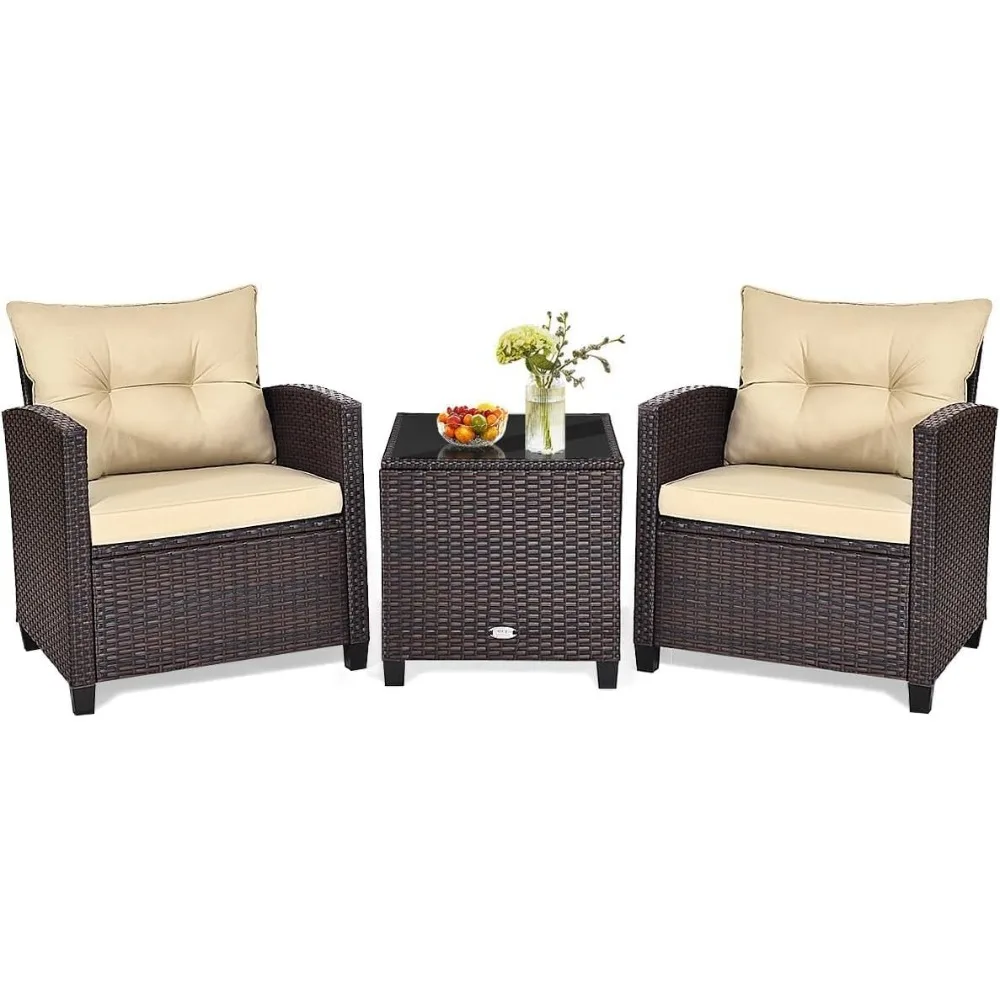 3-Piece Outdoor PE Rattan Patio Sofa Set with Washable Cushions and Glass Table for Balcony, Porch, and Backyard