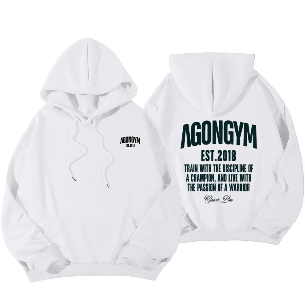 Agongym Men Women Hoodie EST.2018 Graphic Print Sweatshirt Inspirational Quote Gym Training Hooded Pullover XS-5XL