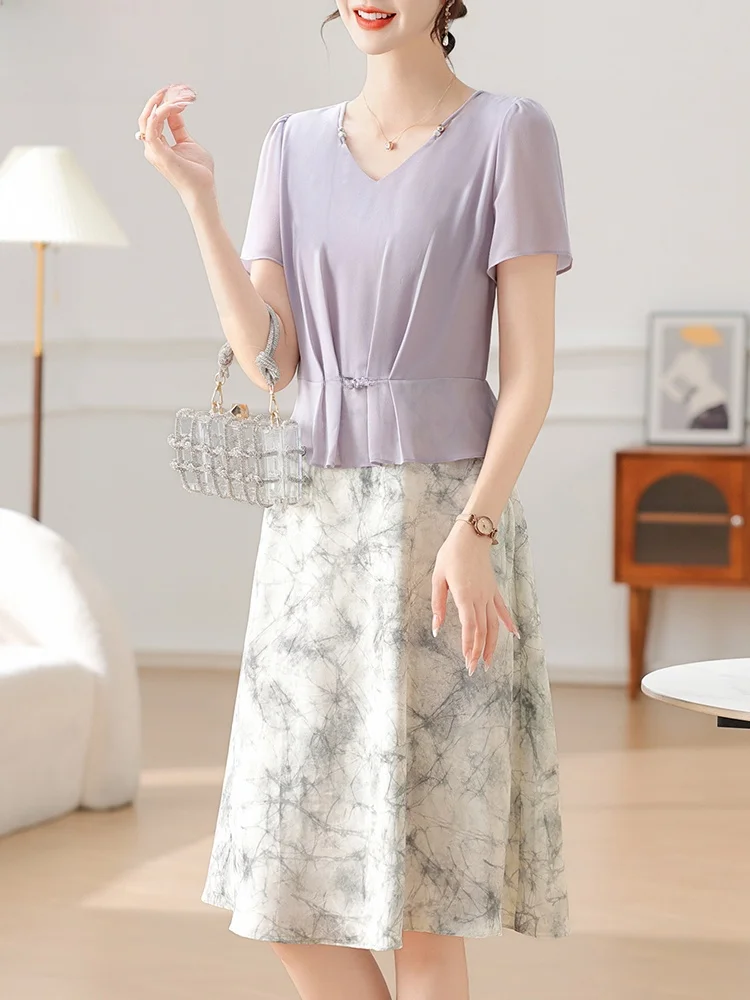 

Faionable Summer Dr for Middle-Aged Mothers Midi Length Polyester Chiffon Skirt-Like Design Thin V-Ne Loose Fit Sle