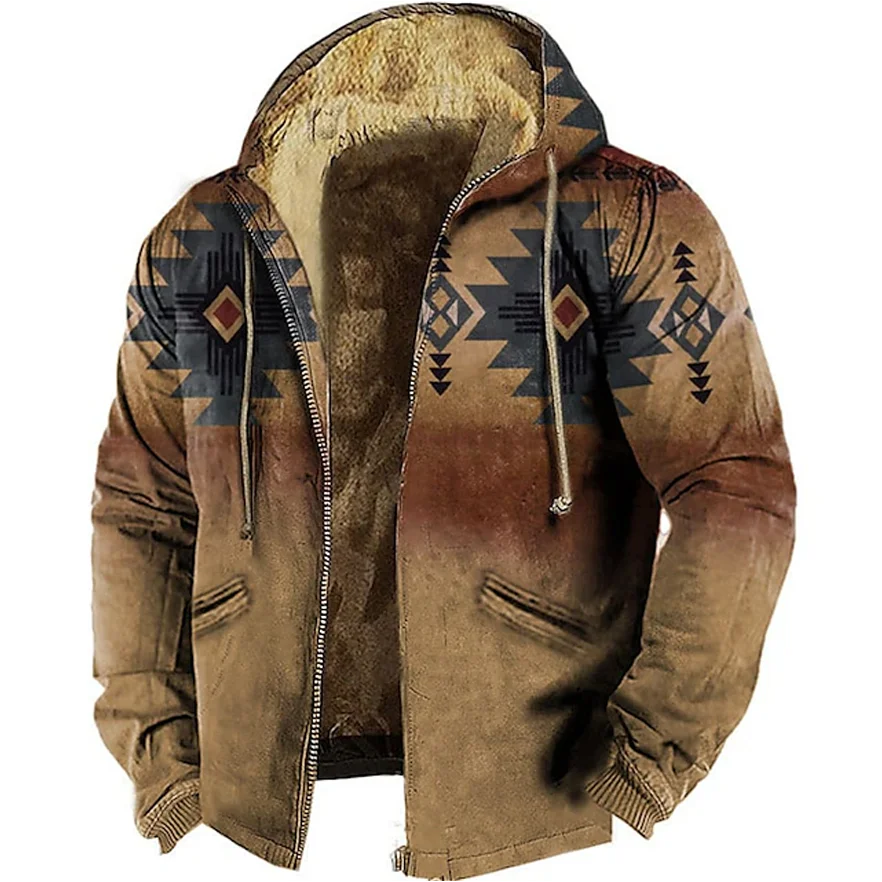 Winter Men's Zip Up Hoodies Jackets Fleece Clothing Vintage Tribal Graphics Print Streetwear Outerwear Hooded Tracksuit Coat