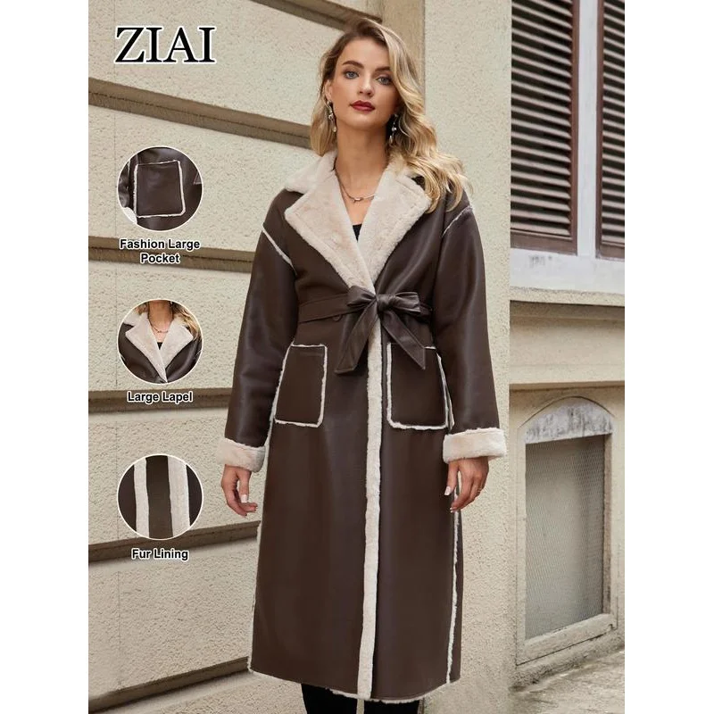 Women's solid color waist belt off shoulder imitation fur leather jacket, autumn and winter casual long sleeved lapel coat,