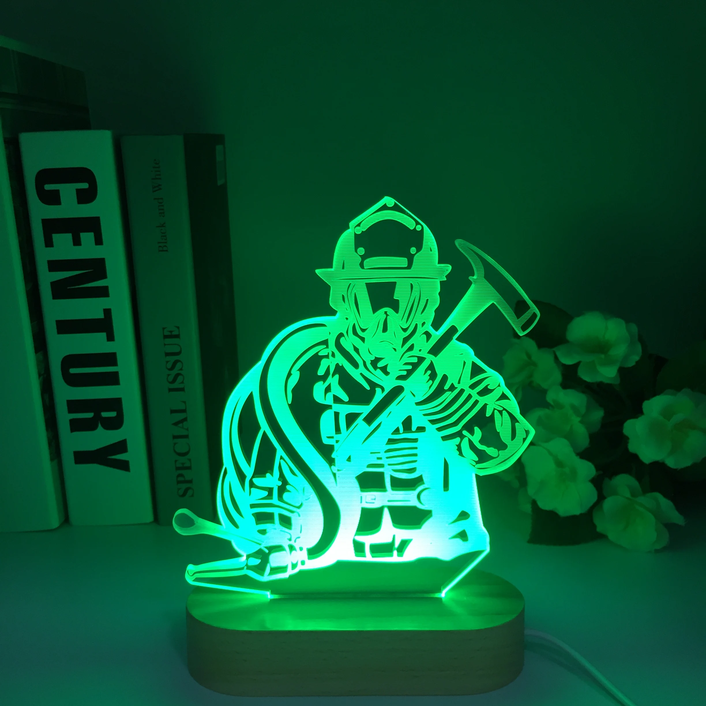 Fireman 3D LED Modeling USB Night Lights Creative Firefighter Wooden Lamp Home Decor Colors Changing Sleep Lighting Gifts