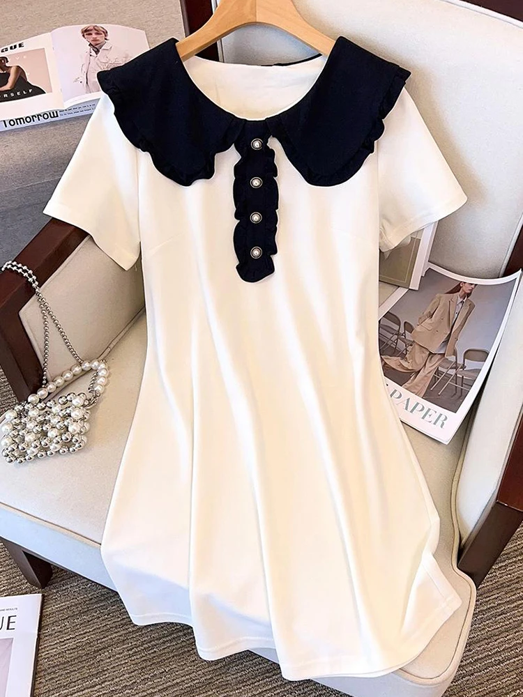 2024 Summer New Patchwork Doll Collar Chic Casual Dress Women Holiday Loose Pretty Midi Dress Korean Elegant Retro Hepburm Dress