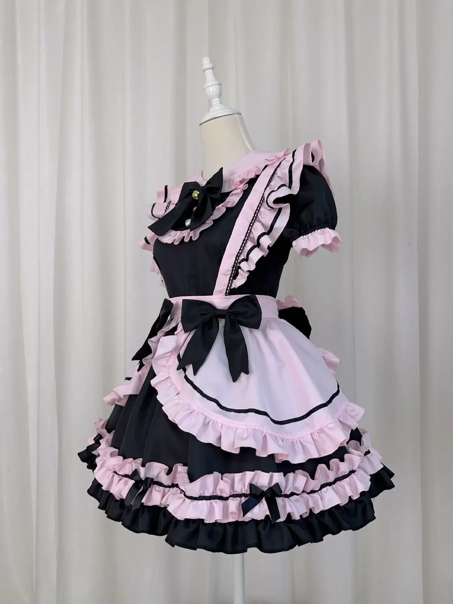 Anime Gothic Lolita JSK Kleid Kurzarm Kawaii Schleife Maid Party Kleider Cosplay Katzen Mädchen Harajuku Niedlich Rosa Rüschen Schwarz