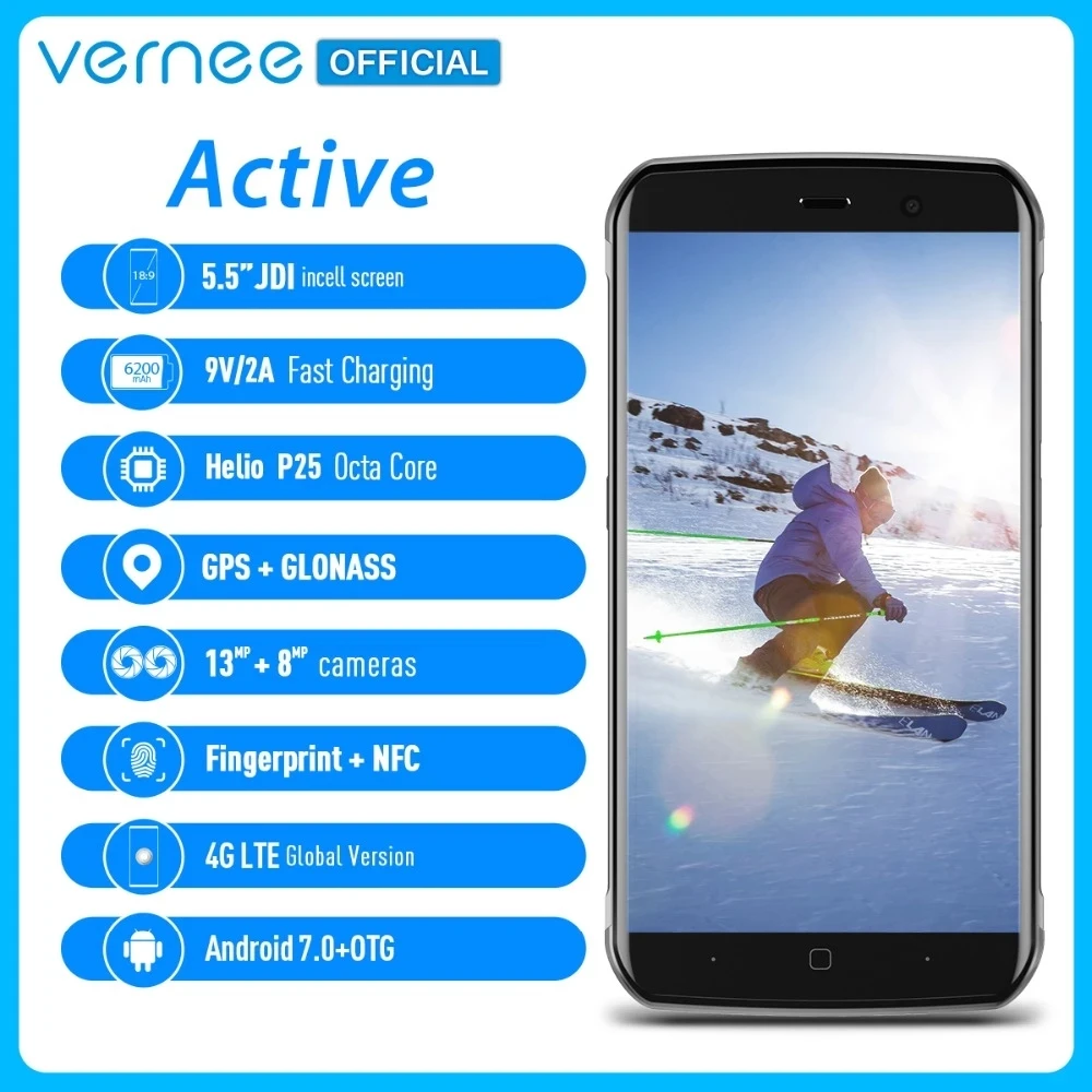هاتف Vernee Active V1 NFC IP68 الذكي 5.5 بوصة أندرويد 7.0 MTK6757 ثماني النواة 4GB RAM 64GB ROM 13.0MP مقاوم للماء 4G هاتف محمول