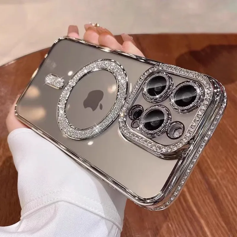 Shockproof Wireless Charging Glitter Case for iPhone 16 15 14 13 12 11 Pro Max Plus Magnetic 17 Air Compatible Rhinestone Cover - náhled 2