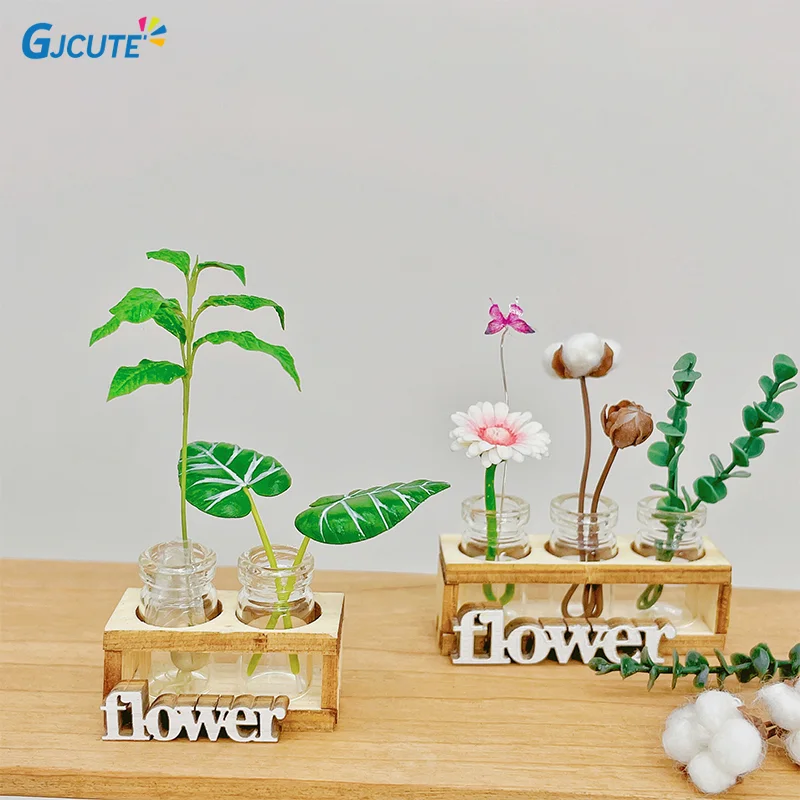 New 1set Dollhouse Mini Hydroponic Wooden Flower Arrangement Stand Set Mini Glass Flower Vase Model Home Garden Decor Toys