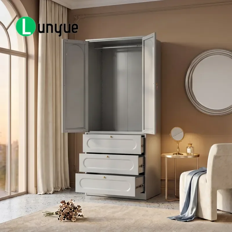 Nordic White Steel Wardrobe Modern Freestanding Sliding Door Locker with Hanging Rod Durable Large Capacity Storage for