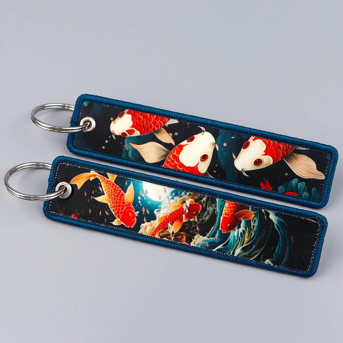 Vintage Japanese Koi Embroidery Key Fobs Art Waves Key Tags Keychain For Motorcycles Cars Key Ring Holder Chaveiro Jewelry Gifts