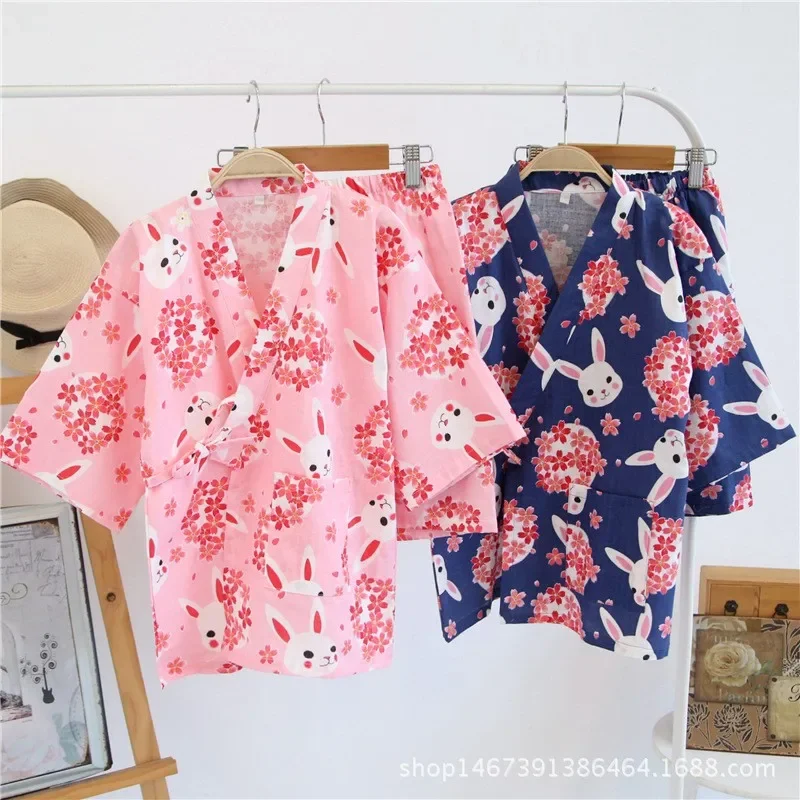 Kawaii sakura rabbit kimono women short pajamas sets Summer 100% cotton japanese yukata shorts bathrobes short sleeves homewear