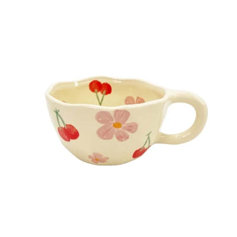 300ml 10oz ins Hand-pinch Special-shaped Ceramic Coffee Mug Creative Mug with Flower Prints Juice Milk Water Drinking Cup 1 Pc