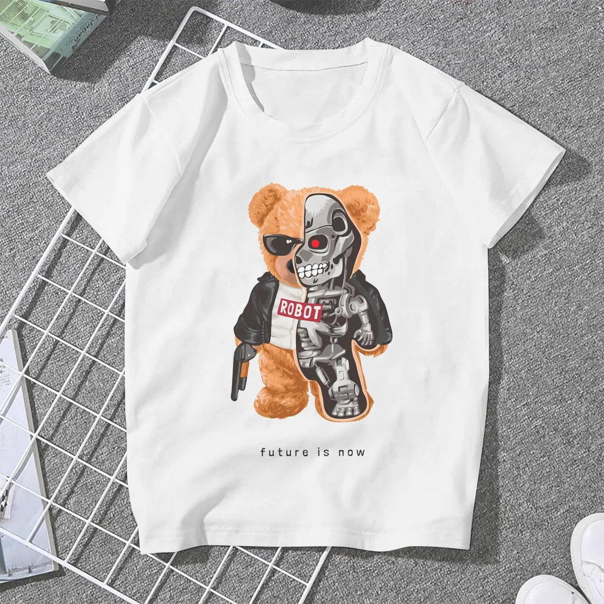 Uture Is Now Women's T Shirt Teddy Robot Ladies Tees Kawaii Polyester Tops Basic Tshirt y2k Fashion