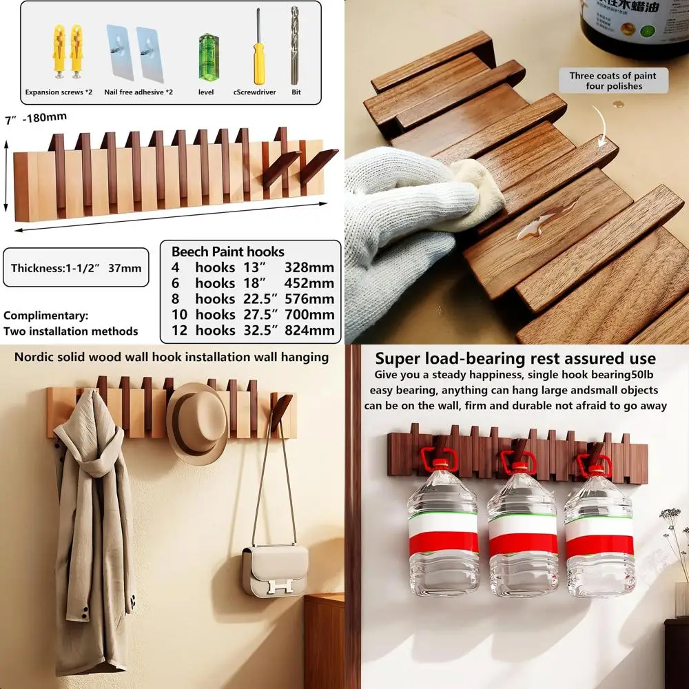 

Настенная вешалка из натурального массива дерева с 4 крючками, идеально подходящая для домашнего хранения в шкафу, кухне, спальне и ванной комнате.