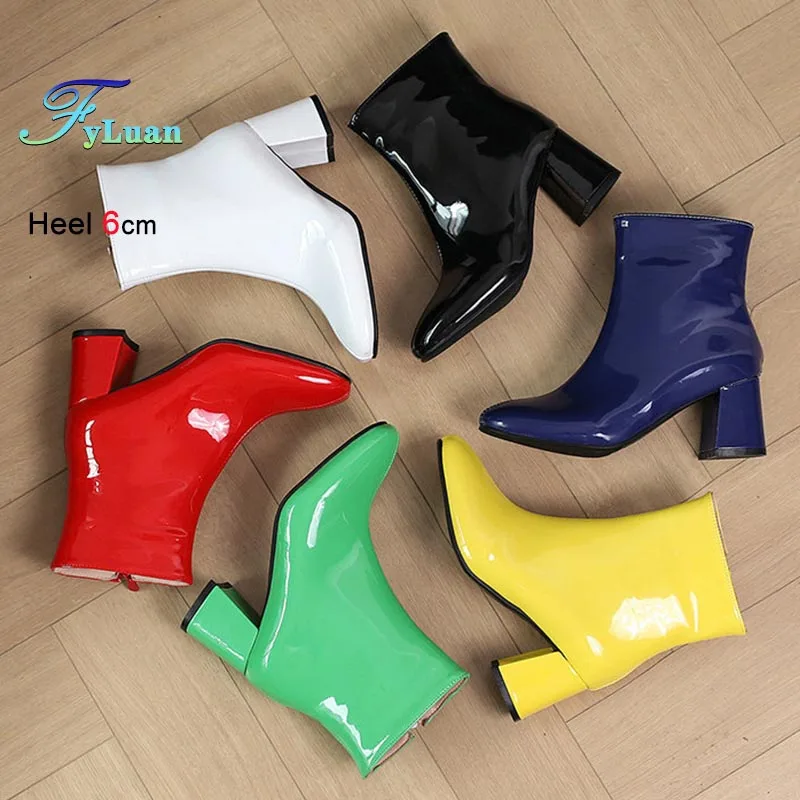

Осенне-зимняя женская обувь, блестящие короткие ботинки на грубом каблуке с круглым носком, модные однотонные ботильоны на высоком каблуке 6 см с боковой молнией