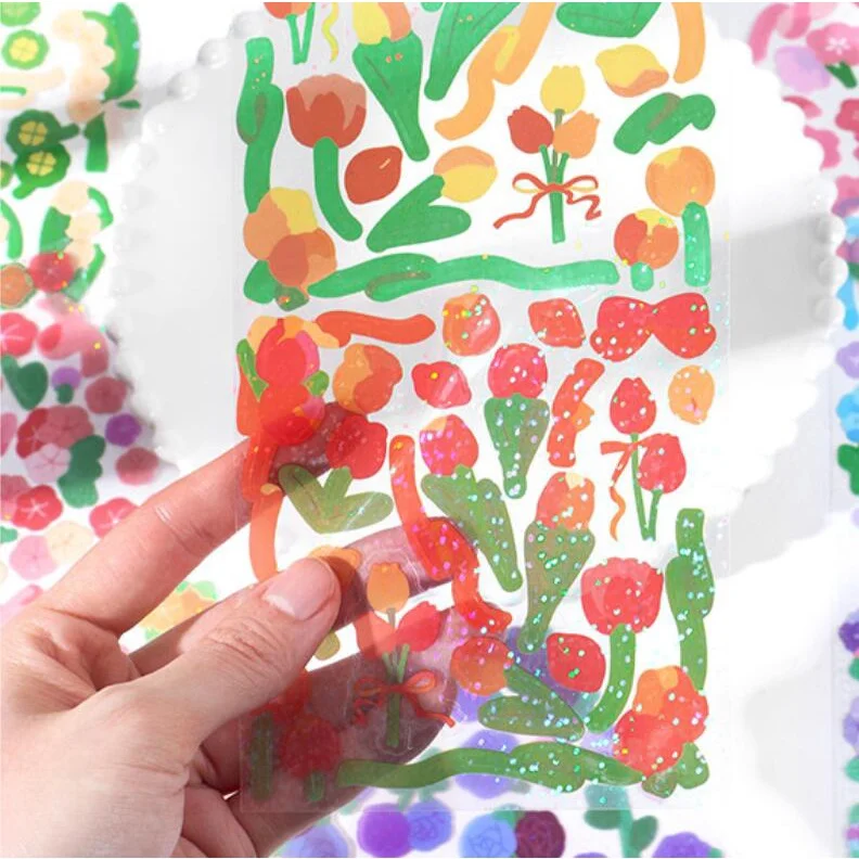 1PCS Colorful Flowers Scrapbook Stickers Shiny Reflective Laser Border Collage Handacount Decoration Stickers Stationery Gift
