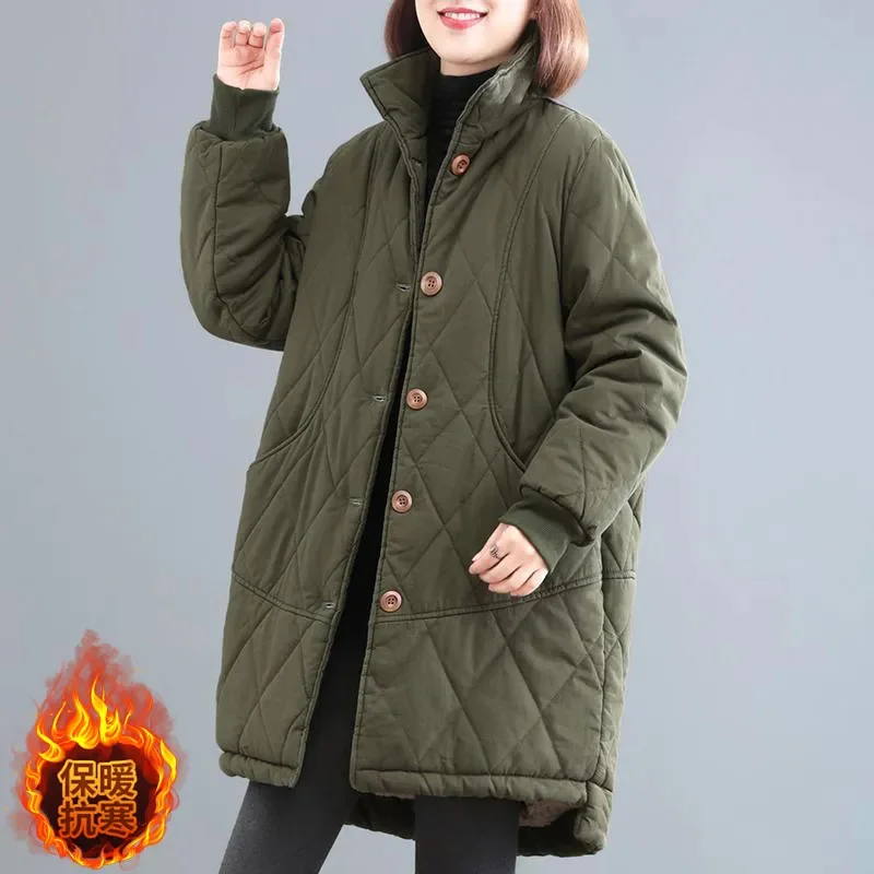 2024 Winter New Coat Women's Single breasted Casual Loose Warm Cotton Jacket Cold resistant Medium length Solid Overcoat