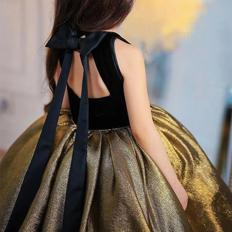 Elegant Girls Fancy Dress Black Golden Long Tail Frock Backless Design 2 to 14 Year Old Kids Party Gown For Child