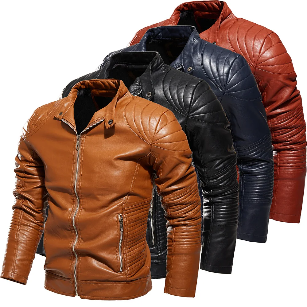 

Men's Jacket Leather Jacket Solid Color Men's PU Motorcycle Clothing Fashion Fleece Jacket