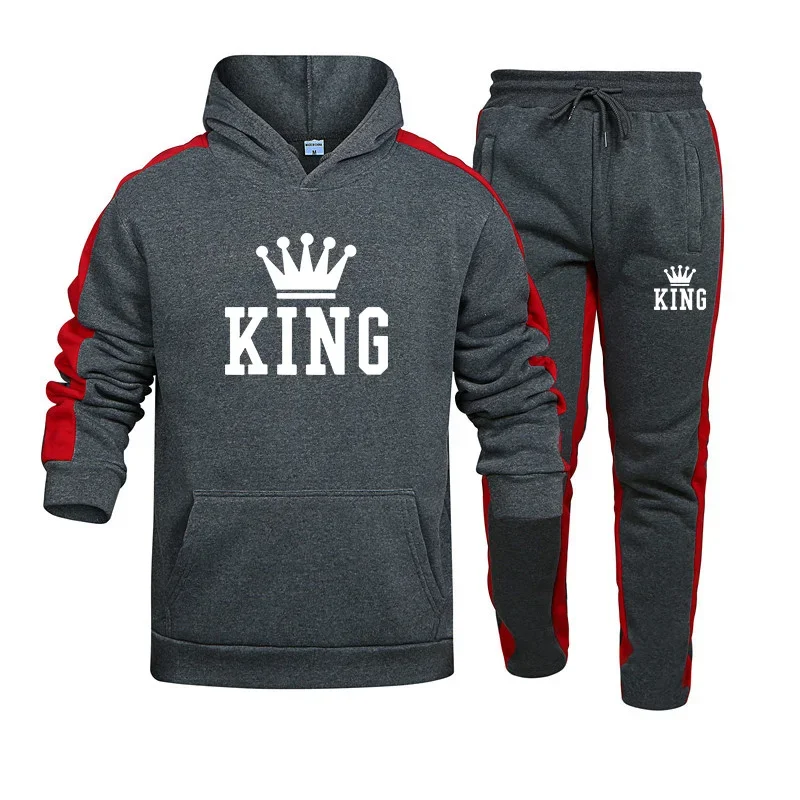 Autumn Winter Mens Tracksuit King Printing Casual Hooded Sweatshirt Suit Daily Jogging Sports Clothing High Quality 2 Piece Set