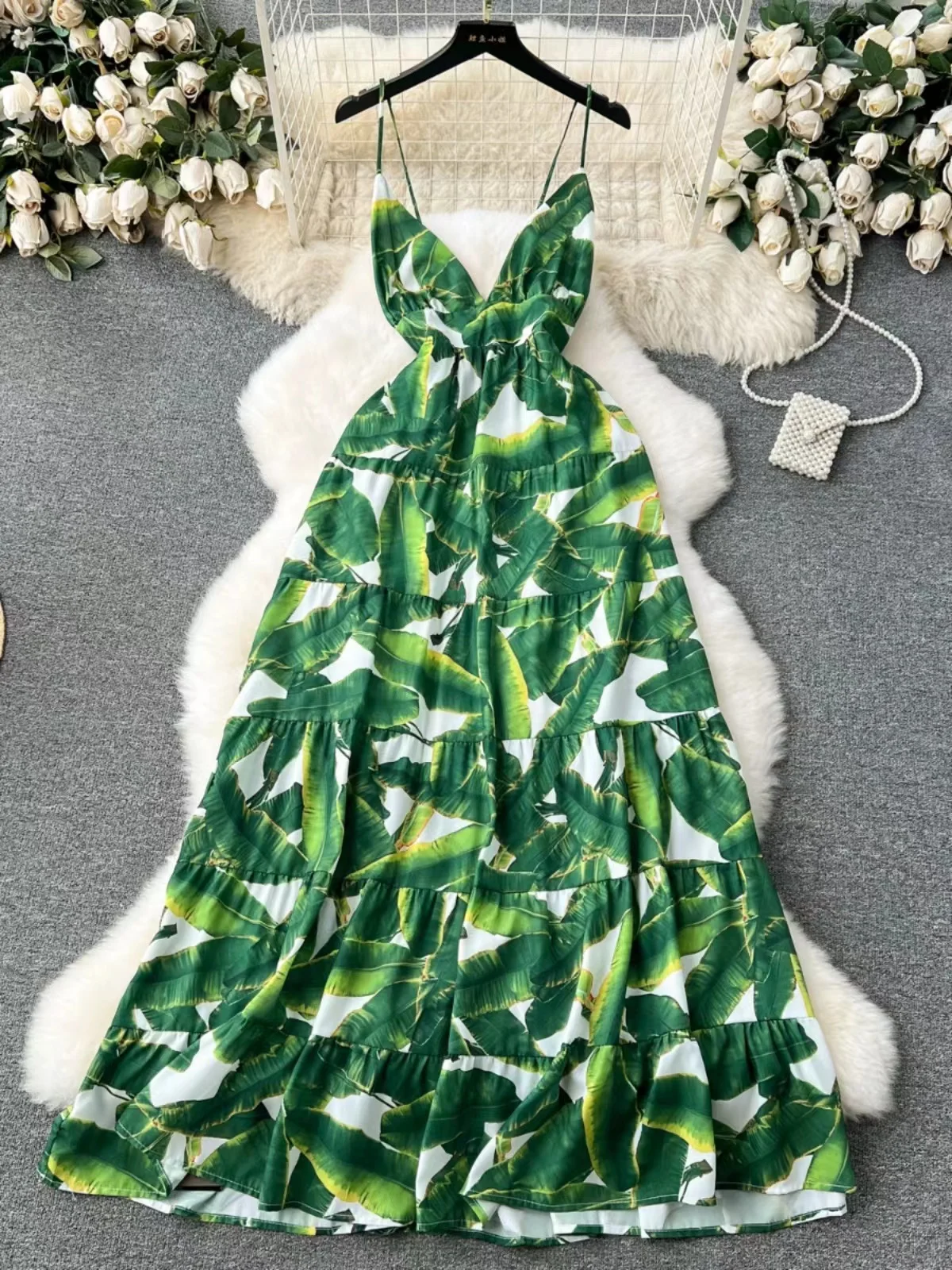 2024 Summer New Vacation Style Fashion Palm Leaf Print Sling Dress Women\'s Sexy V-Neck Backless Bow Tie up A-Line Long Skirt