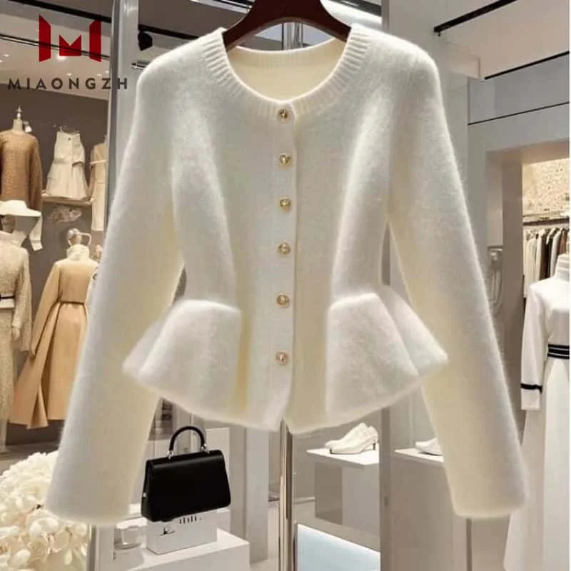 

Женские белые вязаные свитера, пальто с круглым вырезом и длинным рукавом, новинка 2025, весна-осень, милый женский модный тонкий кардиган с втягивающей талией