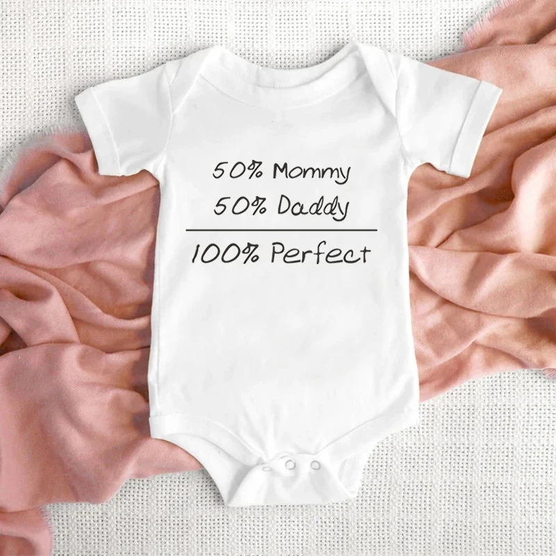 Summer Infant Newborn Baby Boys Girls Cotton 50% Mom + 50% Dad = 100% Perfect Letter Printed Baby Bodysuits Summer Baby Clothes