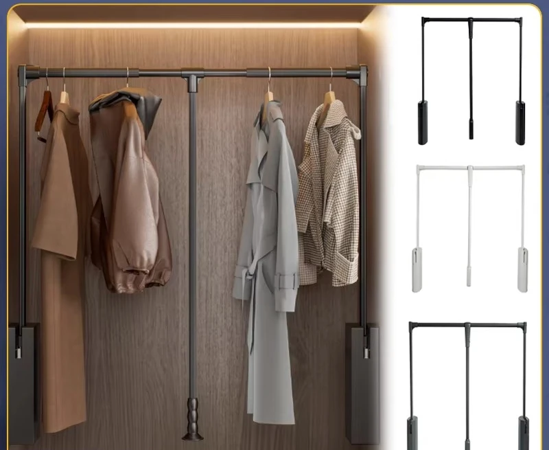 Heavy Duty Adjustable Height Pull Down Closet Rail, Dual Buffer Wardrobe Hanger Track for Walk-In Wardrobe Storage