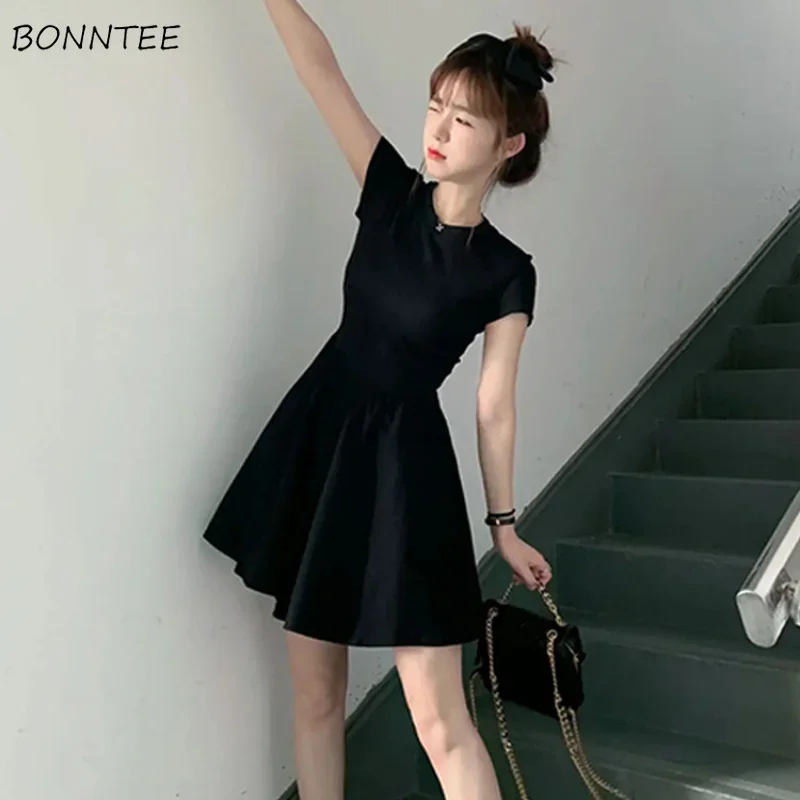 Black Mini Dress Women Short-sleeve Slim Temper A-line Vestidos Summer Streetwear Pure Attractive Ulzzang Flattering Waist Chic