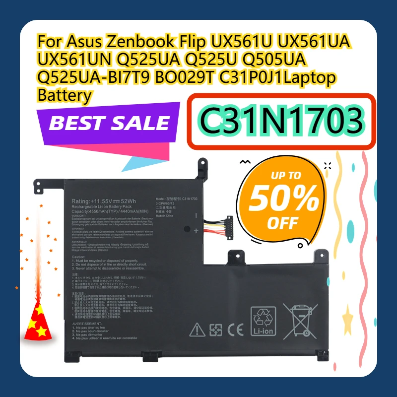 

For Asus Zenbook Flip UX561U UX561UA UX561UN Q525UA Q525U Q505UA Q525UA-BI7T9 BO029T C31P0J1 C31N1703 Laptop Battery