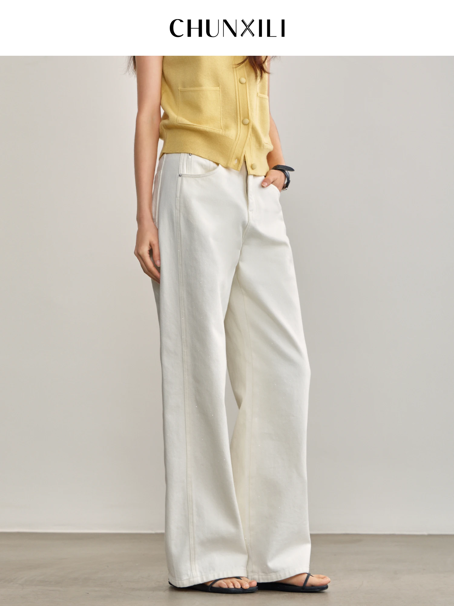 

Heavyweight White Denim Jeans Cotton Casual Long Pants Sparkling Blue Jeans Spring Fashion Ladies High Waist Wide Leg Pants