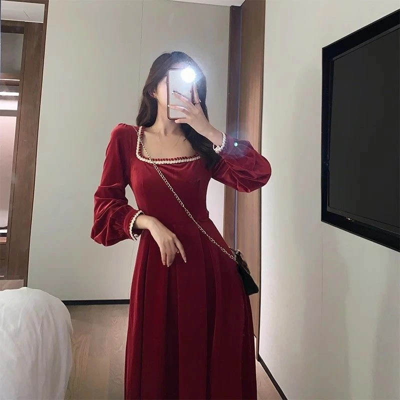 Robe en velours taille haute vintage pour femmes, style français, col carré, manches longues lanterne à volants, robes en velours pour femmes