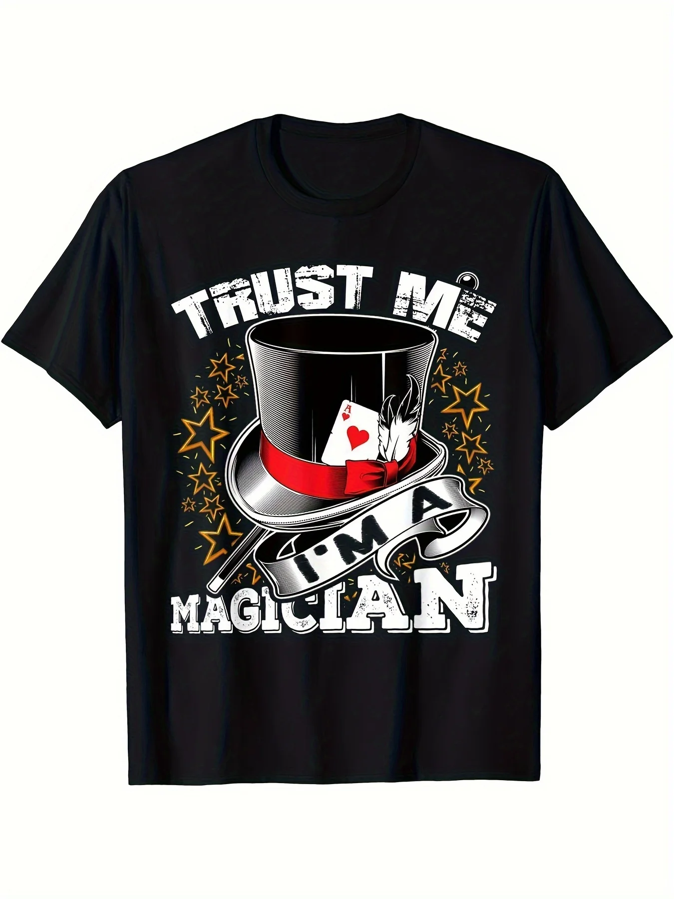 

Interesting Believe me, I'm a magician. Performer T-shirt. Interesting men's short-sleeved graphic T-shirt collection in black.