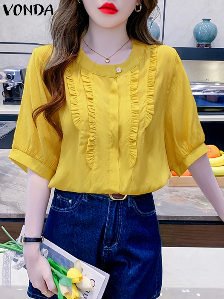เสื้อคอโอ แขนสั้น VONDA เสื้อผู้หญิงแต่งระบาย แฟชั่น 2025 เสื้อคลุมทรงหลวม สไตล์ลำลอง สีพื้น เสื้อโอเวอร์ไซส์