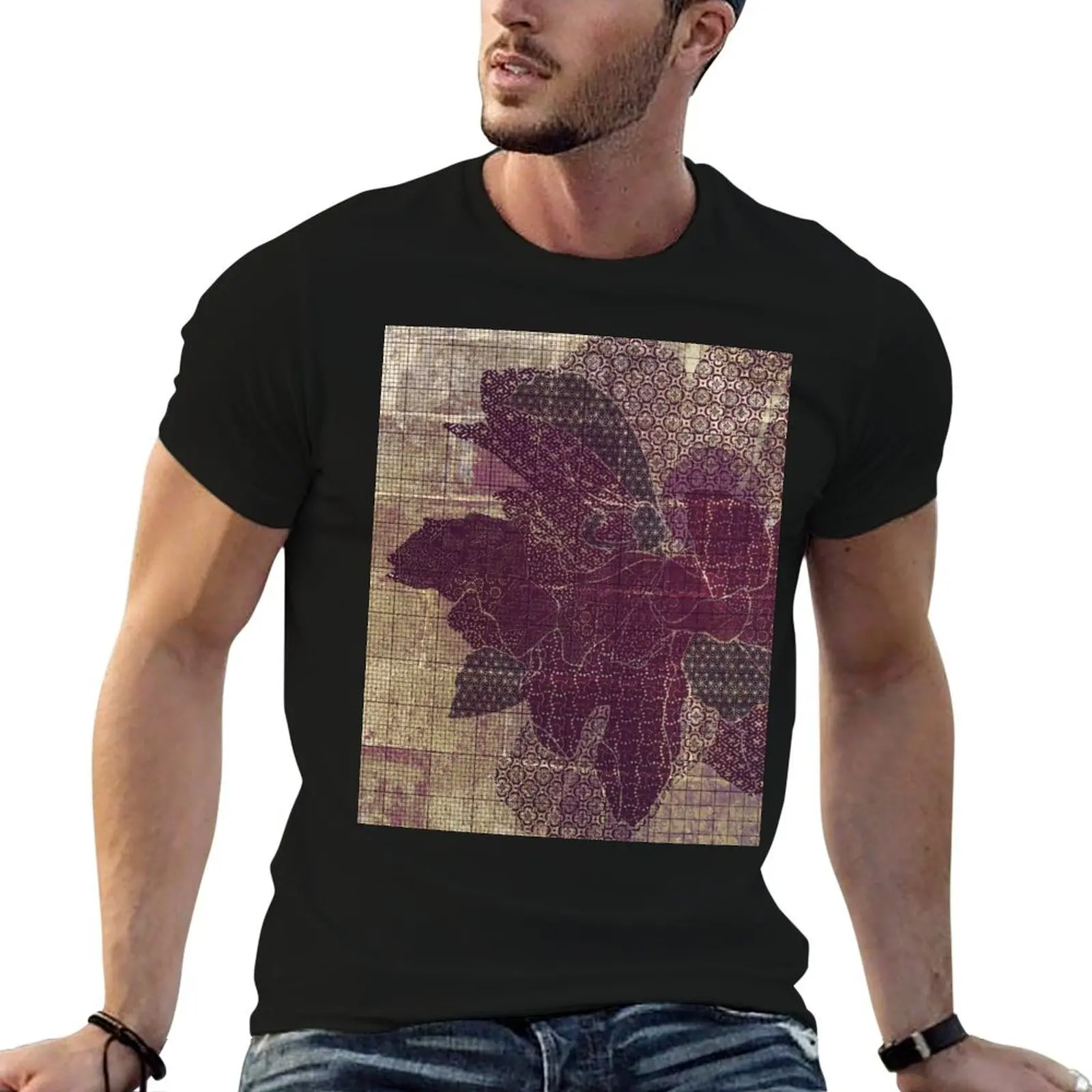 Pfingstrosen- und japanisches Muster – Olive&Aubergine T-Shirt Arbeits- und Freizeit-T-Shirt