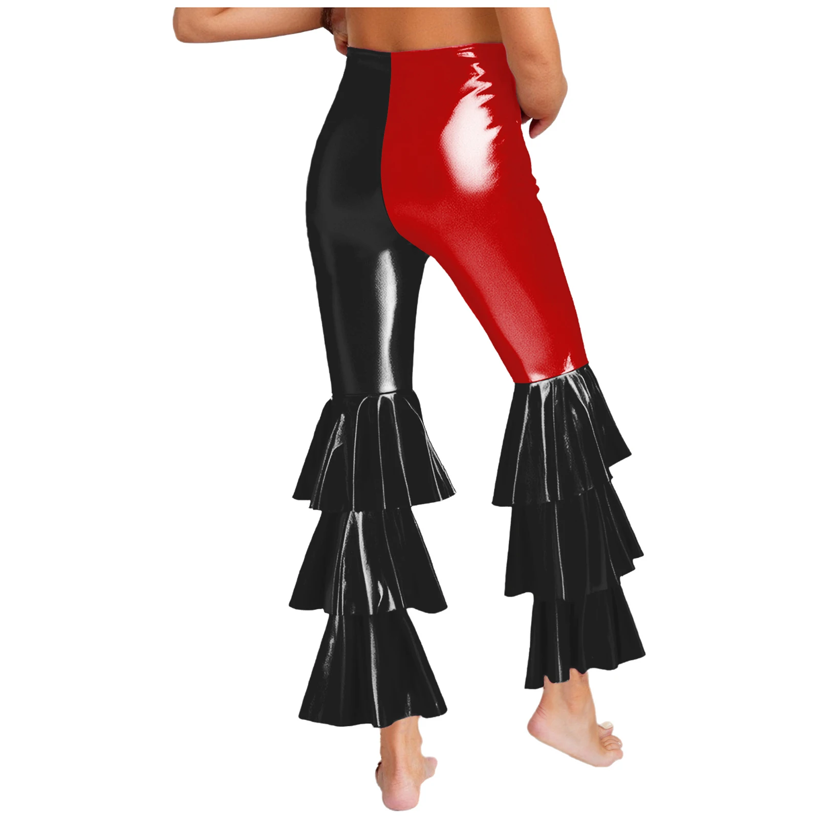 Damskie spodnie dzwony z falbanami w stylu lat 70. i 80., z wysokim stanem, długie spodnie disco, metaliczne, błyszczące spodnie rozszerzane, kostium na Halloween.