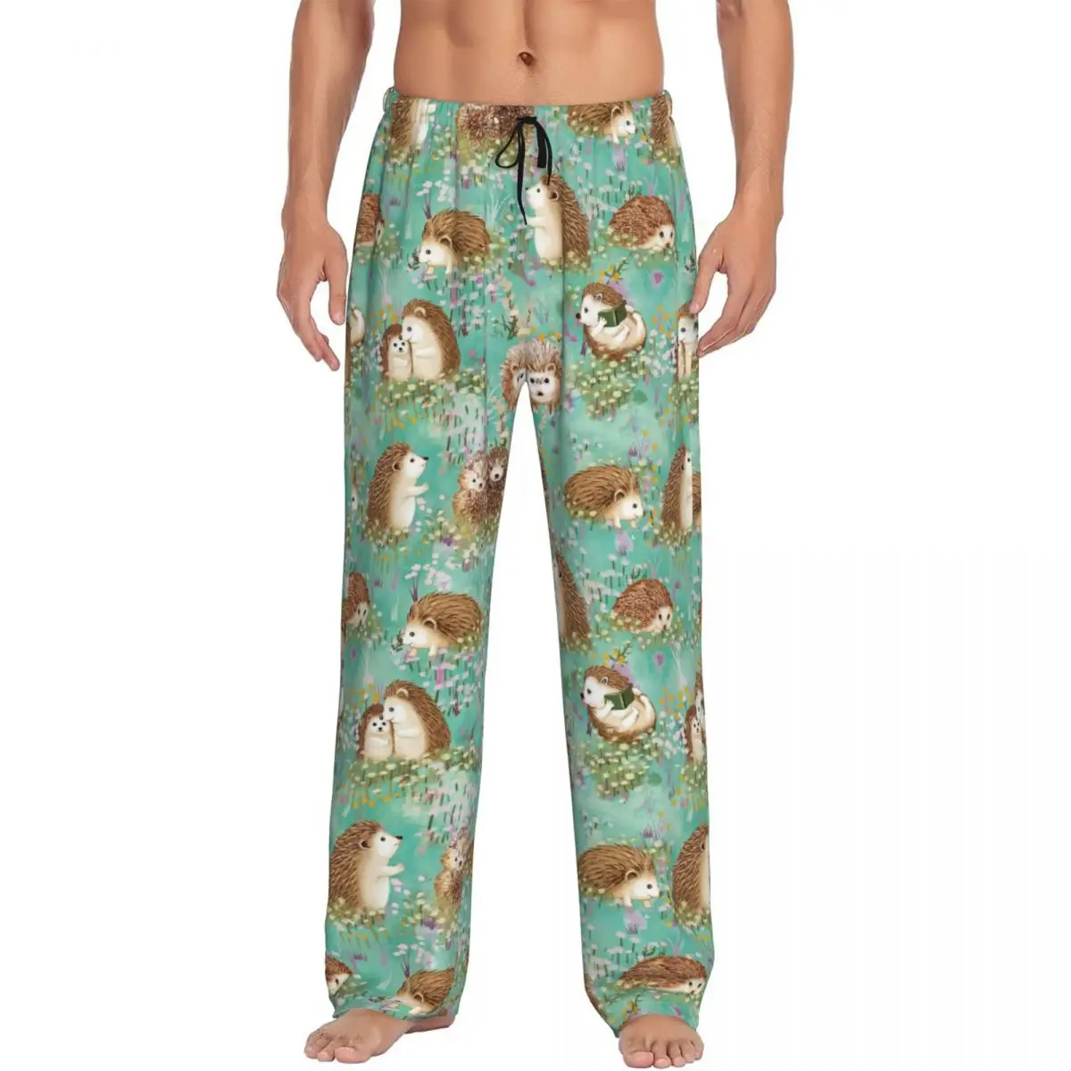 Custom Autumn Hedgehog Spring Floral Pajama Pants Men Sleepwear Sleep Lounge Bottoms with Pockets