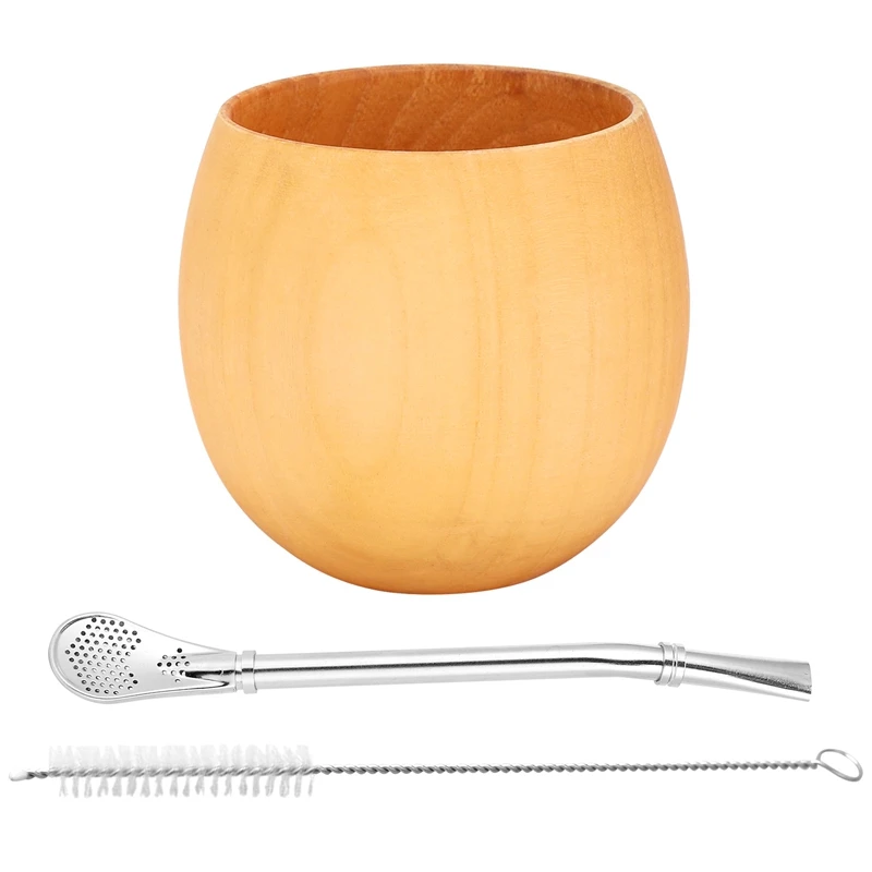 Wooden Yerba Gourd Mate Tea Set Handmade Natural Wood Coffee Water Mate Cup with Spoon Straw Bombilla Brush 200ML(Light)-AD23