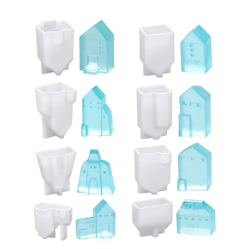 8Pcs Artistic Plaster House Ornament Silicone Mold Set Desktop Decoration DIY 3D Miniature House Figurines Epoxy Resin Mould