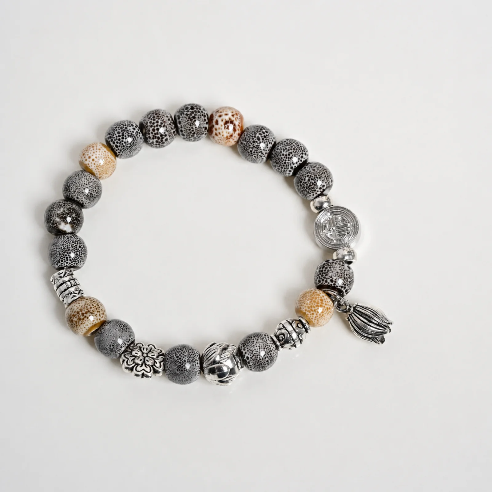 Handmade Ceramic Bead Bracelet with Alloy Flower Charm Elastic Cord Hand-Woven Metal Fittings Jewelry 609P1-10