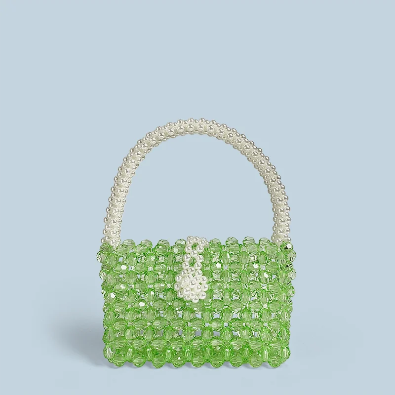 

New niche fashion handmade bead woven green hand-held small square bag, casual mobile phone bag, cute small bag