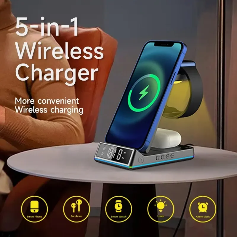 5 In 1 15W Foldable Wireless Charger Stand RGB LED Clock Fast Charging Station Dock for iPhone Samsung Galaxy Watch 6/5 S23 S22