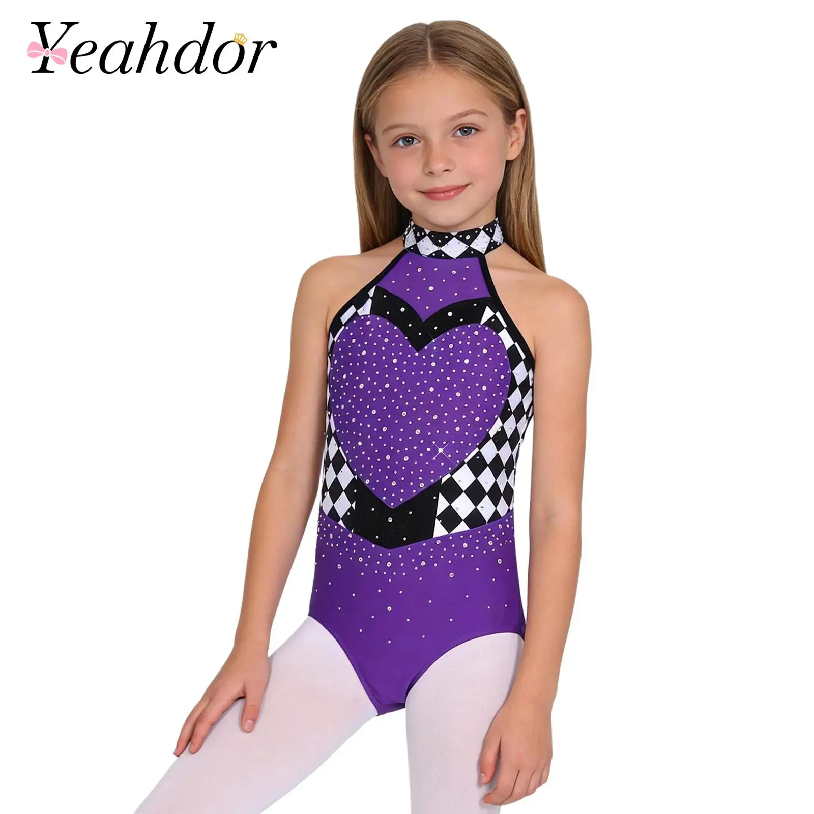 Kids Girls Heart Queen Dress Up Costume Shiny Rhinestones Patchwork Halter Sleeveless Bodysuit Jumpsuit for Cosplay Theme Party