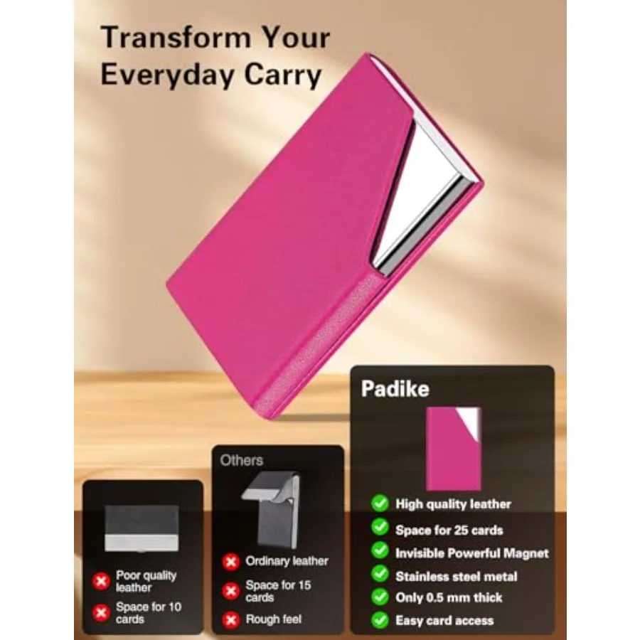 Business Card Holder, Upgraded Leather Business Card Case Pocket Card Holders for Men or Women, Metal Slim Name Card Holder RFI