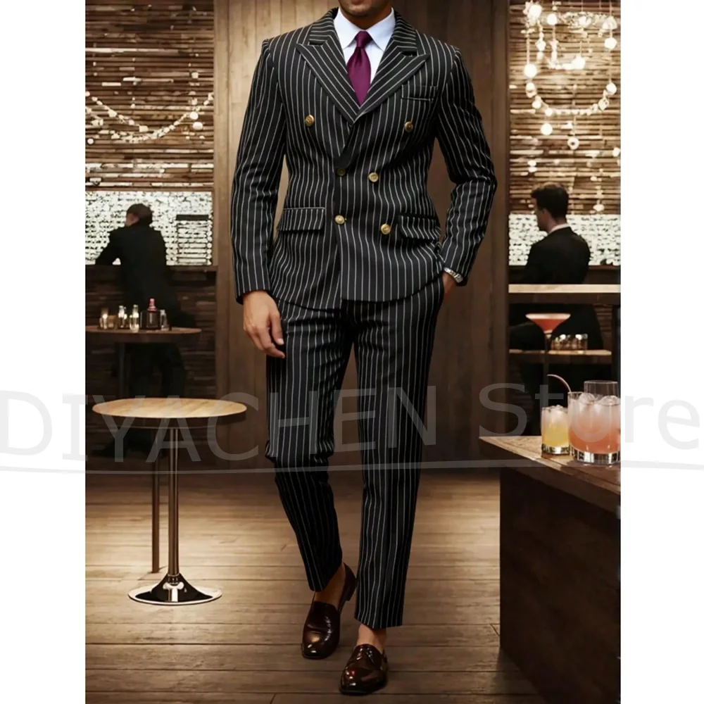 

Men's Pinstripe Double Breasted Suit Set Slim Fit Peak Lapel Blazer with Pants Formal Business Wedding Outfits Two Piece