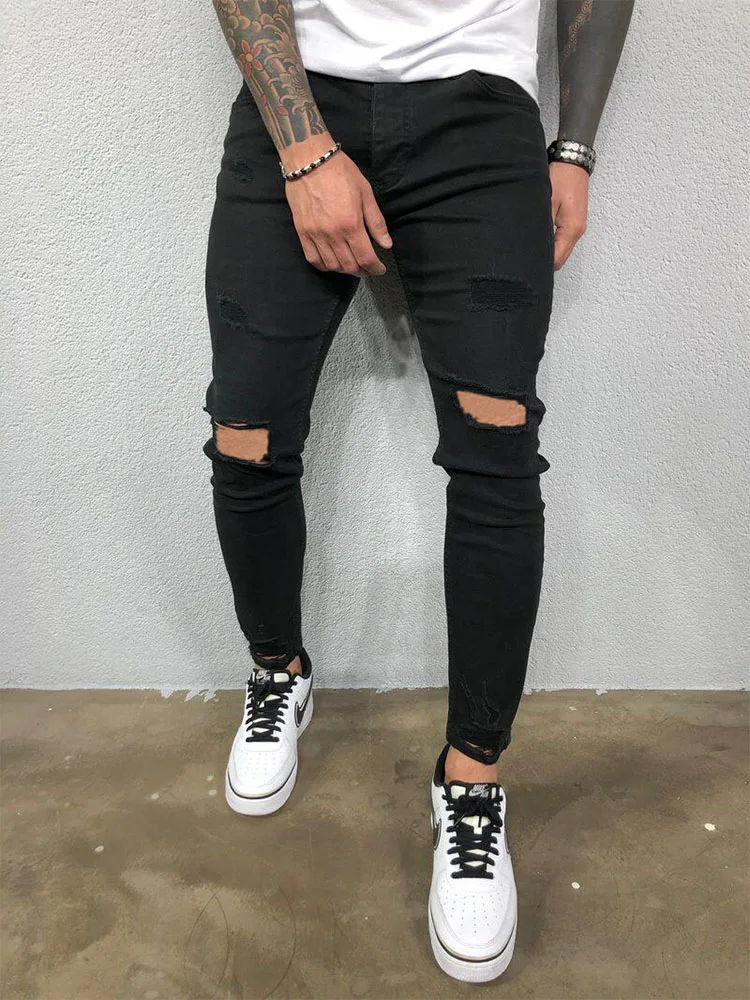 Fashion Street Style Jeans Skinny strappati al ginocchio da uomo Vintage Wash Solid Denim pantaloni da uomo Casual Slim pantaloni da Jogging