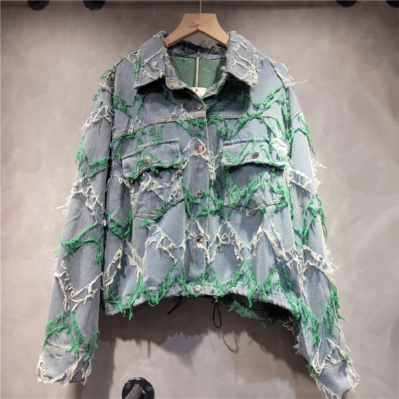 Retro Denim Jacket Women's Short Autumn Coat New 2024 Loose American High-end Foreign-style Washed Wave Tassel Jacket